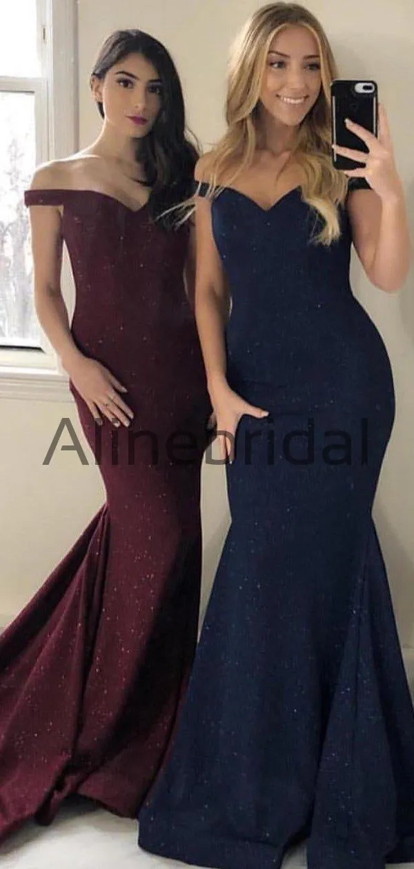 Shiny Off Shoulder Mermaid Train Charming Long Bridesmaid Dresses , AB4049