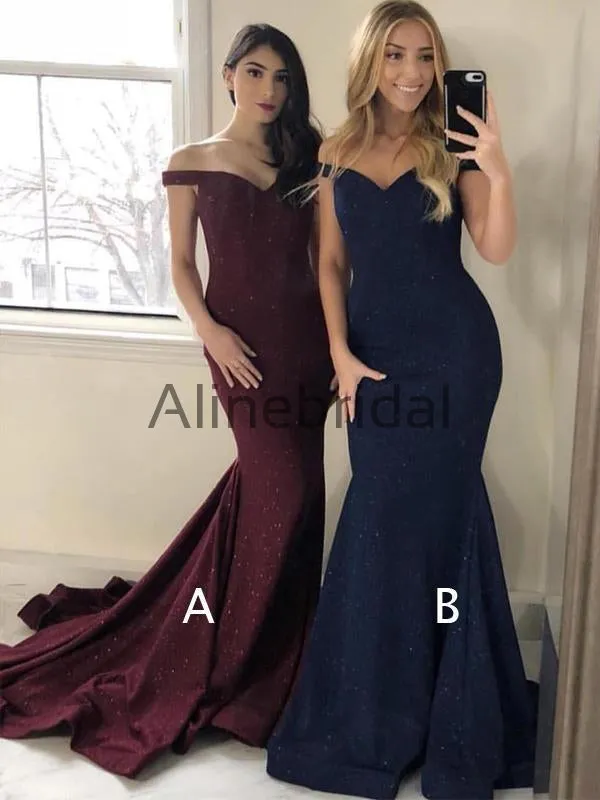 Shiny Off Shoulder Mermaid Train Charming Long Bridesmaid Dresses , AB4049