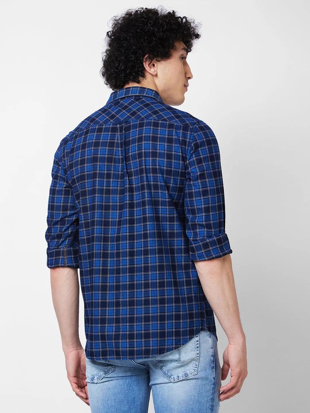 Spykar Blue CHECKED FULL SLEEVE Shirt For Men