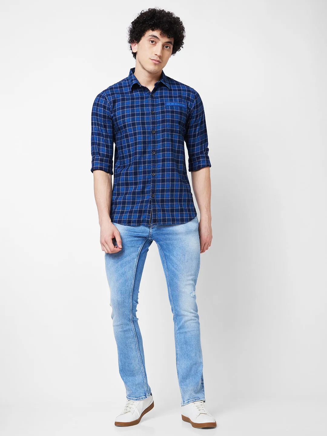 Spykar Blue CHECKED FULL SLEEVE Shirt For Men