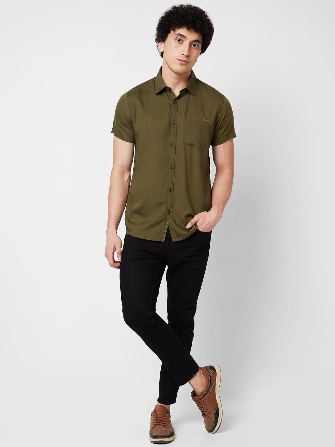 Spykar Green SOLID HALF SLEEVE Shirt For Men