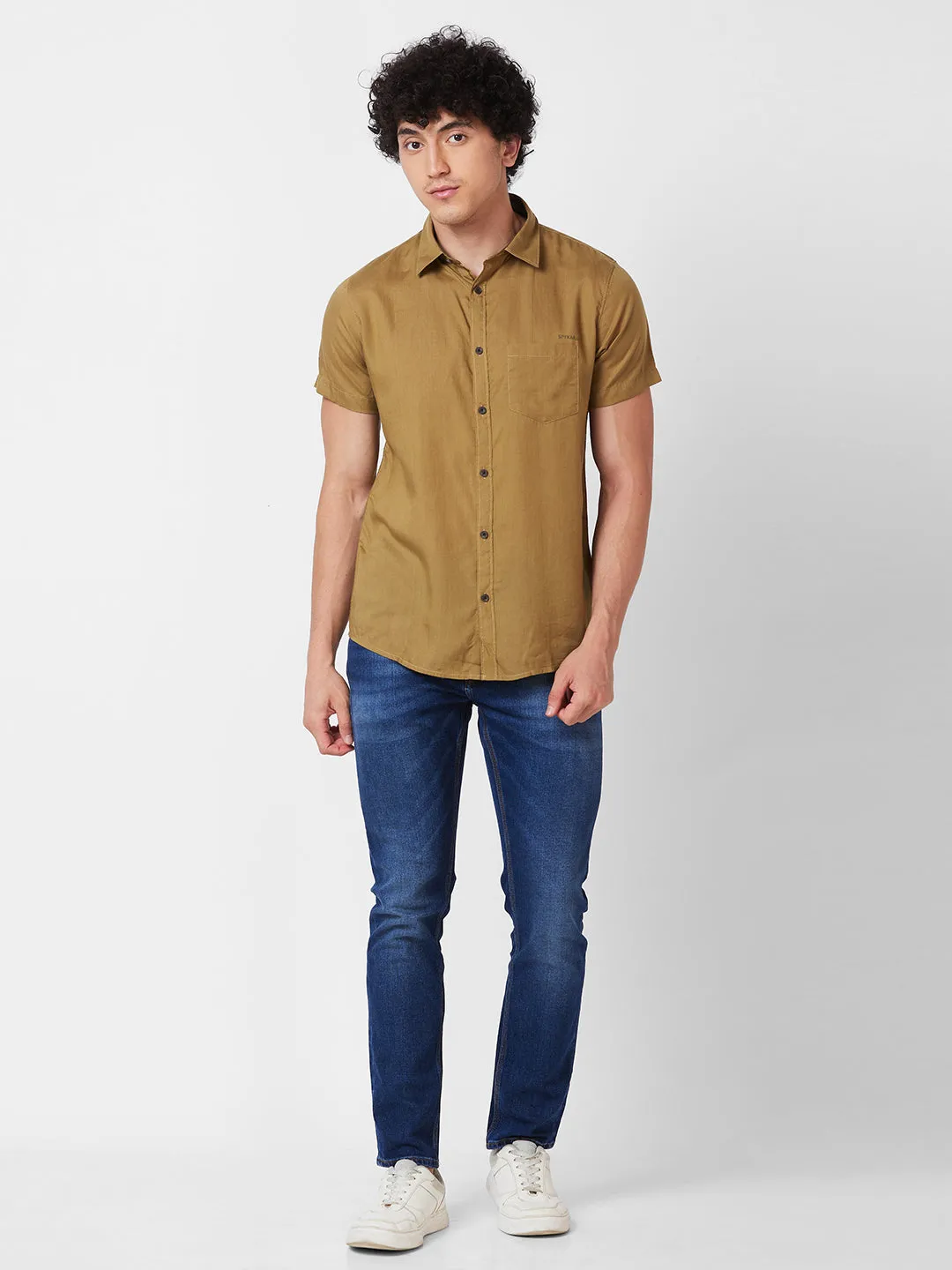 Spykar Khaki SOLID HALF SLEEVE Shirt For Men