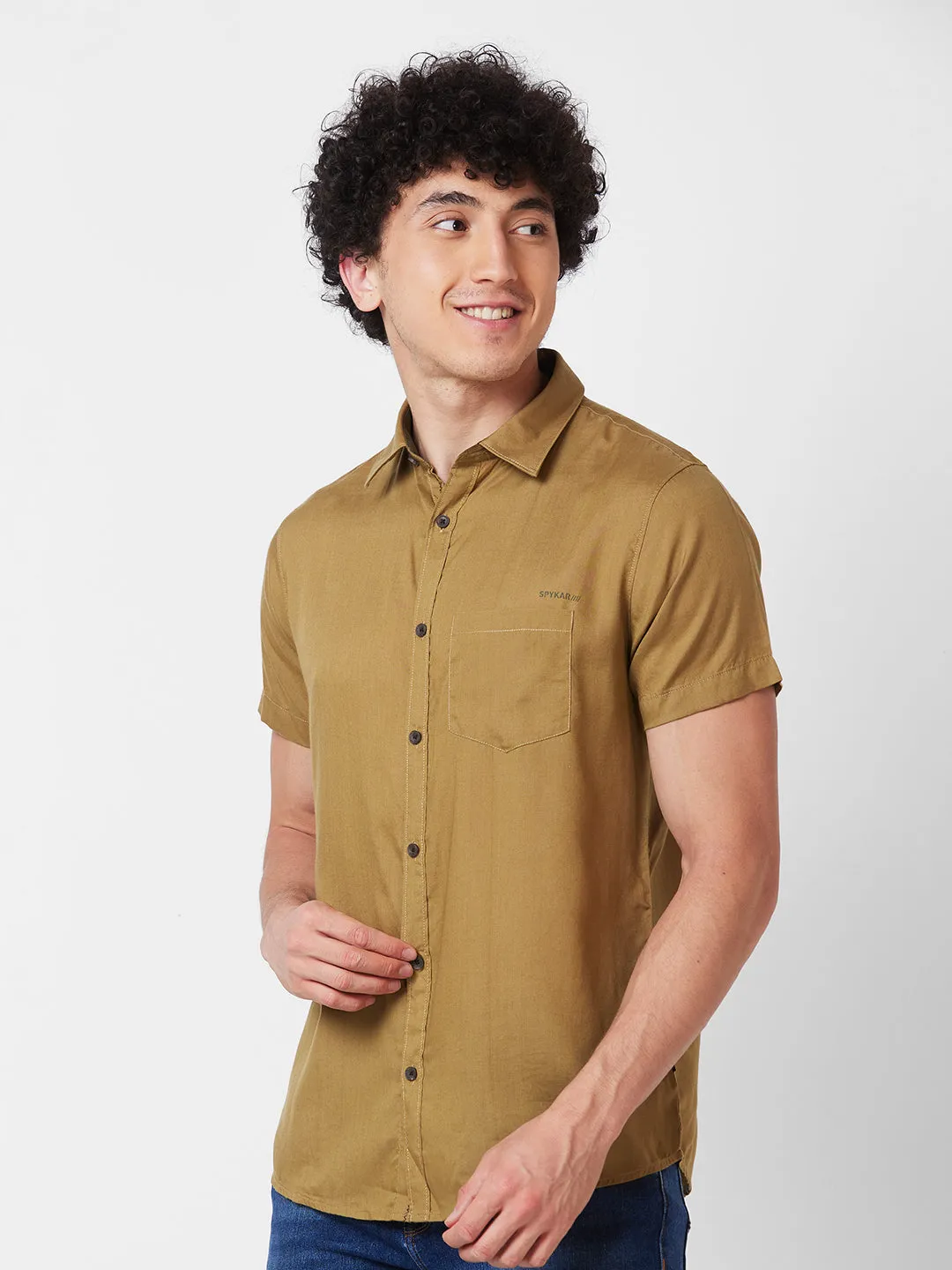 Spykar Khaki SOLID HALF SLEEVE Shirt For Men