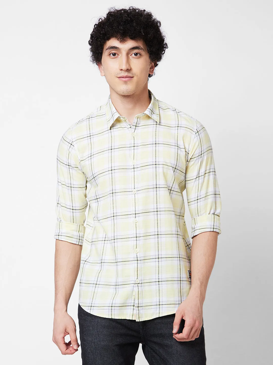 Spykar Yellow CHECKED FULL SLEEVE Shirt For Men