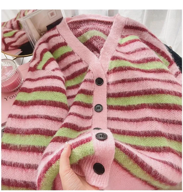 striped long-sleeved sweater jacket for women new soft knitted cardigan    S4919