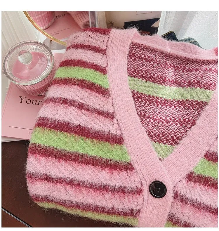 striped long-sleeved sweater jacket for women new soft knitted cardigan    S4919