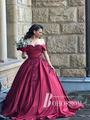 Stunning Satin Off-the-shoulder Beaded Appliques Prom Dresses A-line Ball Gown PD807