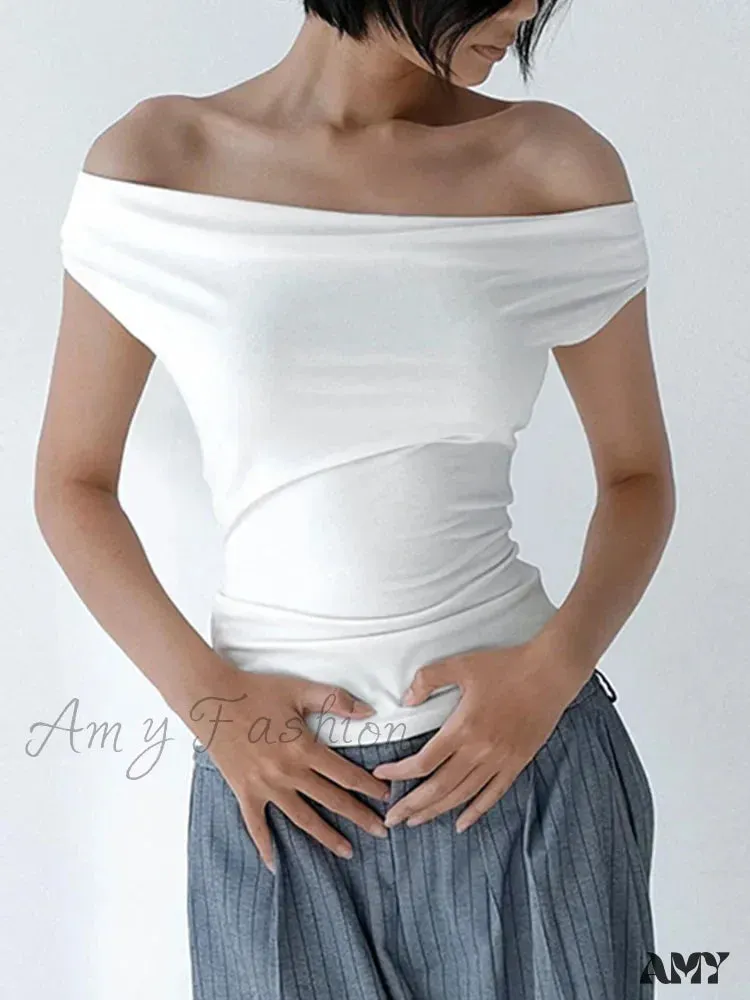 Summer Casual Short Sleeve Solid Color Off Shoulder Boat Neck Backless Slim Fit Crop Top