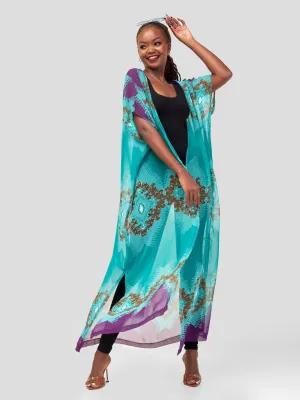 Tausi Flowy Kimono - Green / Purple print