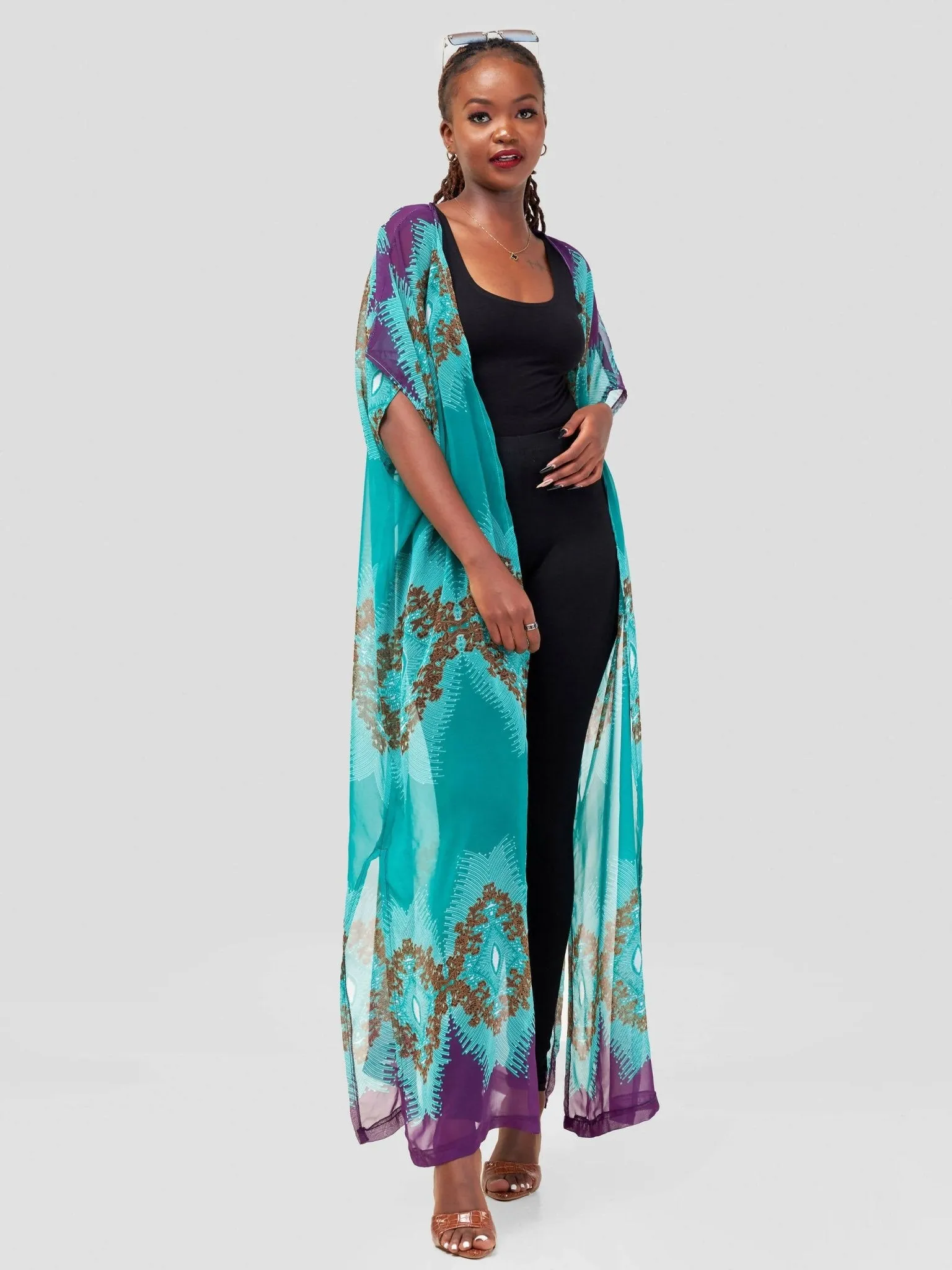 Tausi Flowy Kimono - Green / Purple print