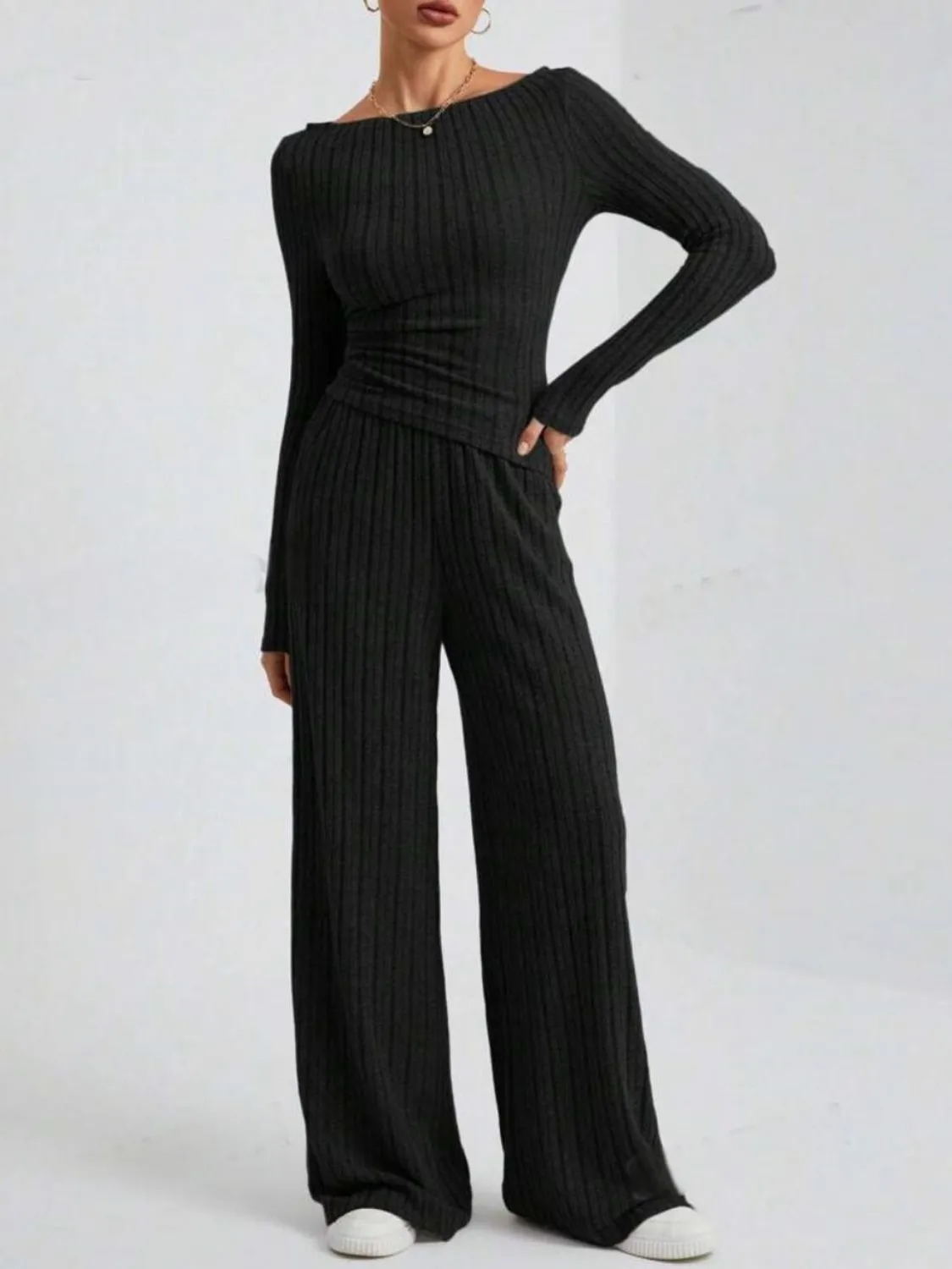 TEEK - Ribbed Off-Shoulder Top and Pants Set