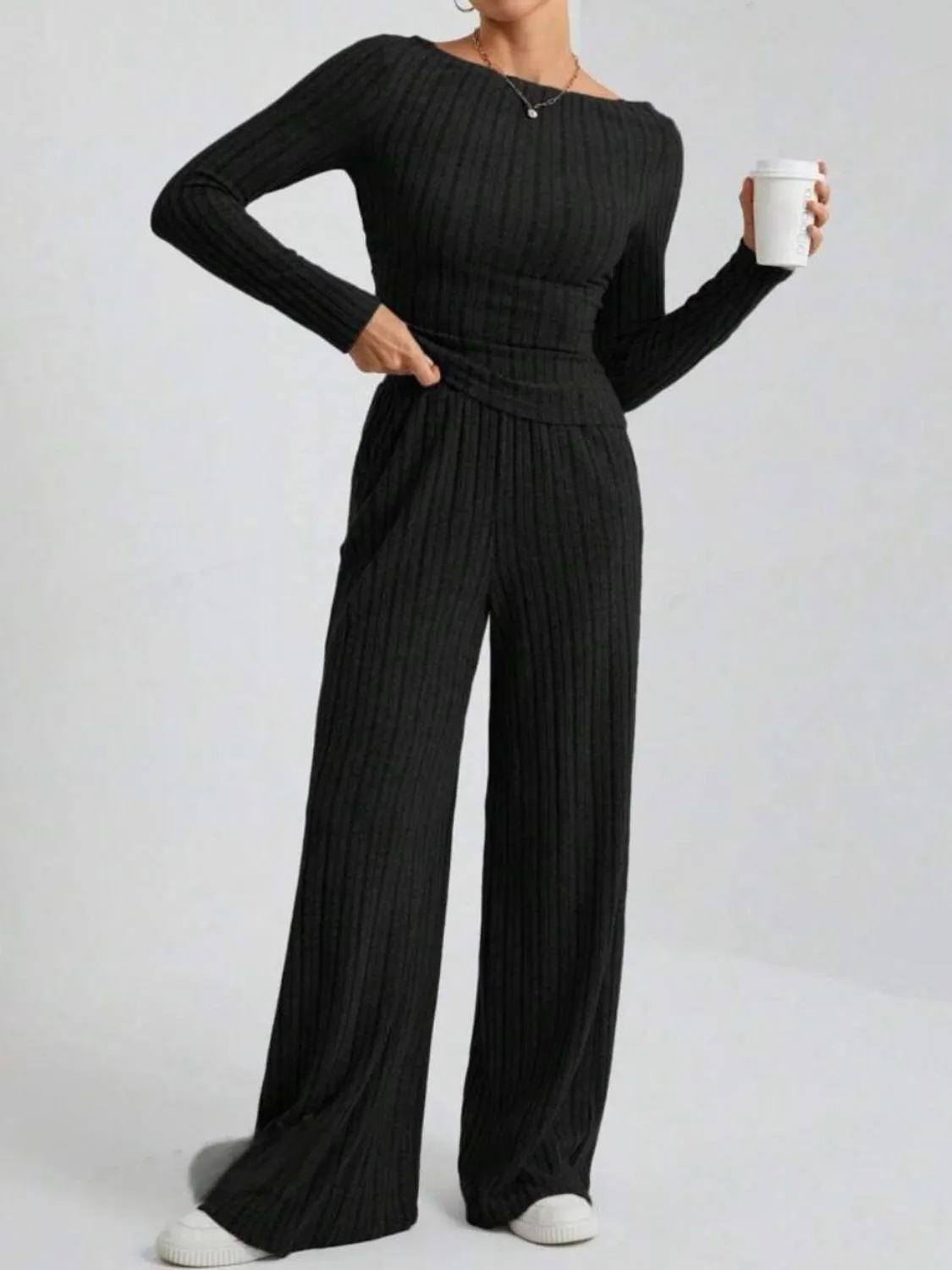 TEEK - Ribbed Off-Shoulder Top and Pants Set