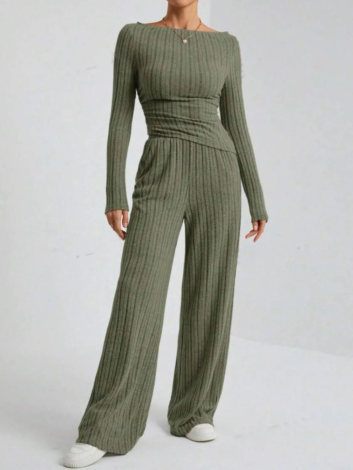 TEEK - Ribbed Off-Shoulder Top and Pants Set