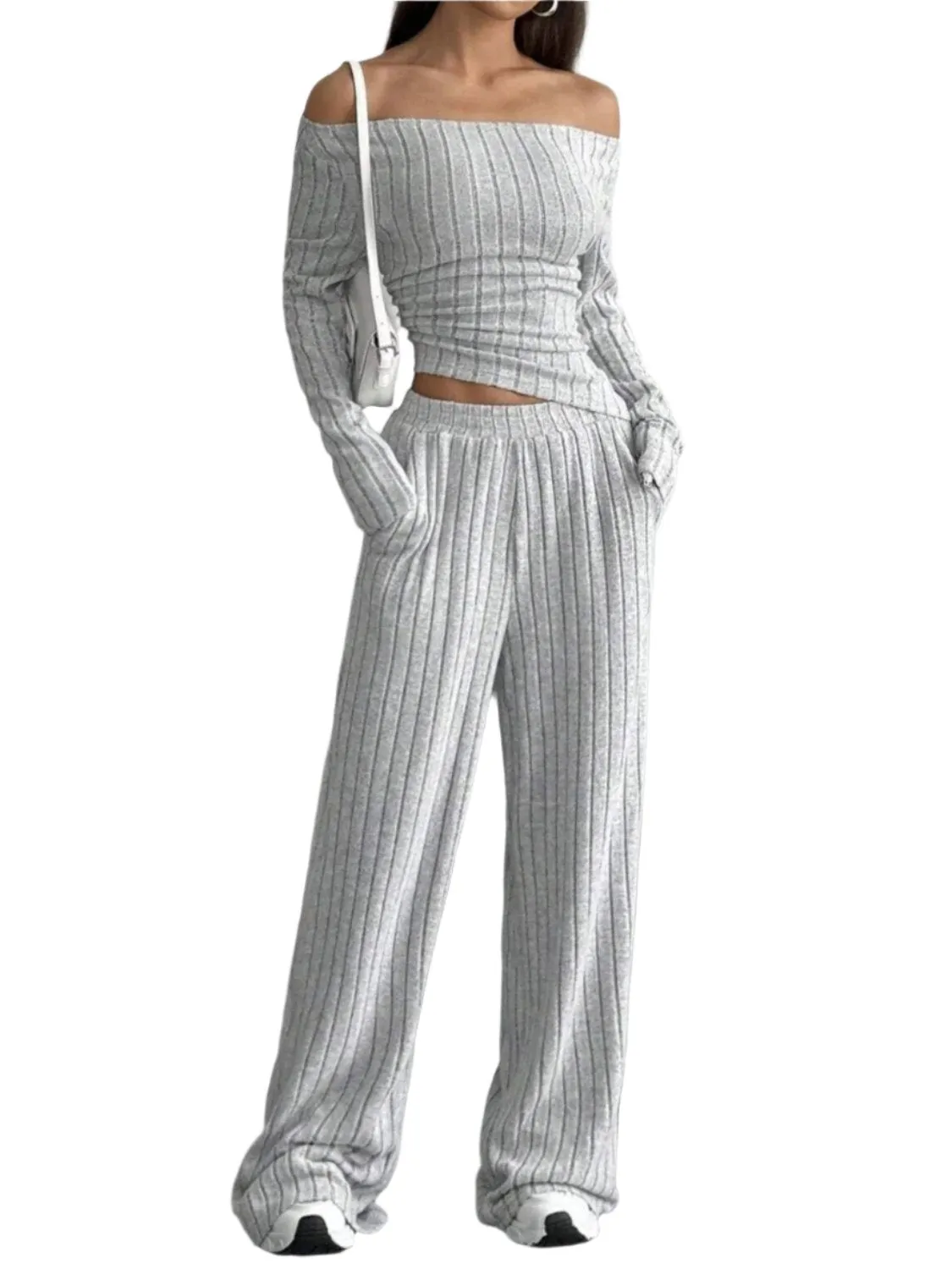 TEEK - Ribbed Off-Shoulder Top and Pants Set