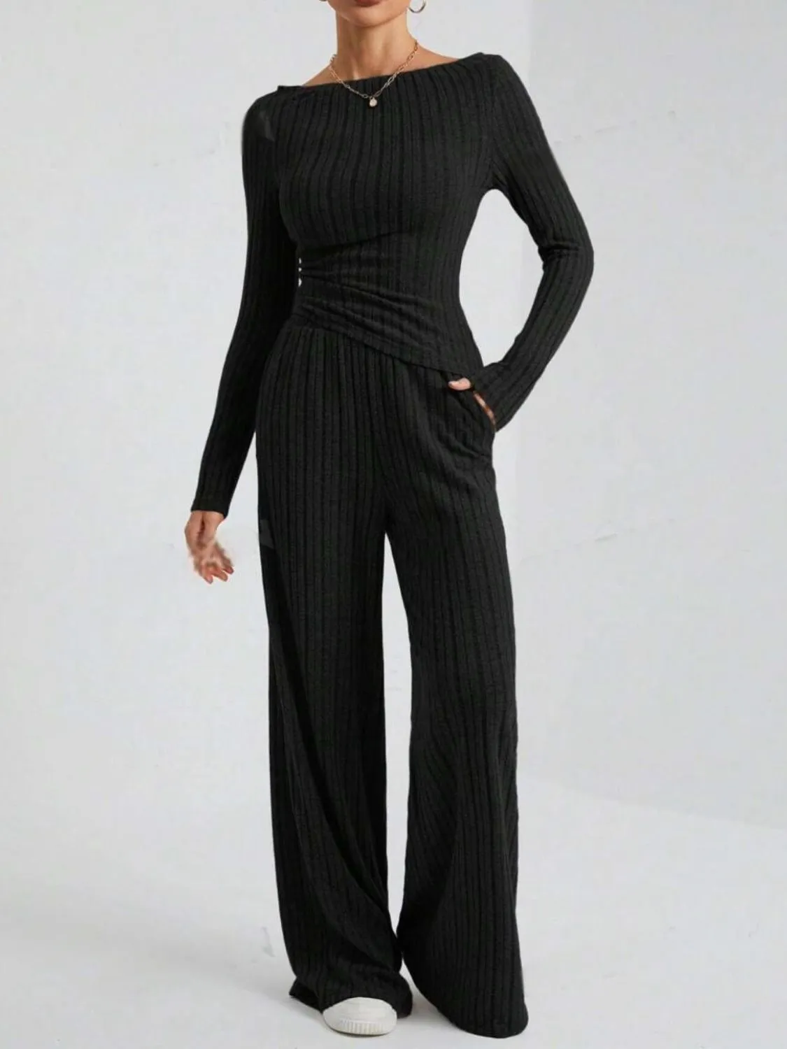 TEEK - Ribbed Off-Shoulder Top and Pants Set