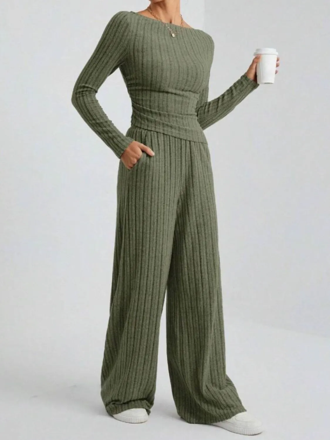 TEEK - Ribbed Off-Shoulder Top and Pants Set