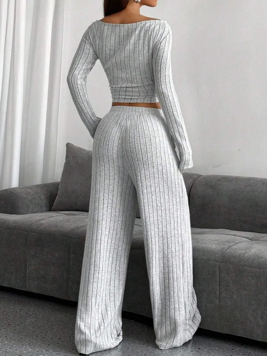 TEEK - Ribbed Off-Shoulder Top and Pants Set