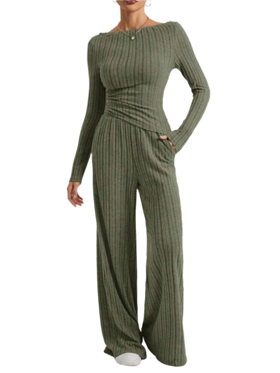 TEEK - Ribbed Off-Shoulder Top and Pants Set