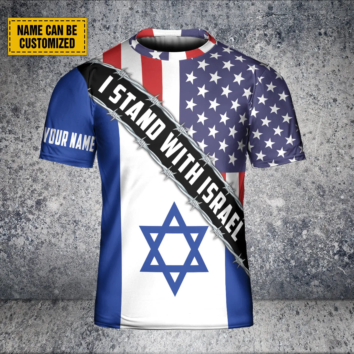 Teesdily | Stand With Israel Personalized 3D Shirt, American Israel Barbwire Shirt, Israel Support Tops, Israel Jewish All Over Print Tshirt