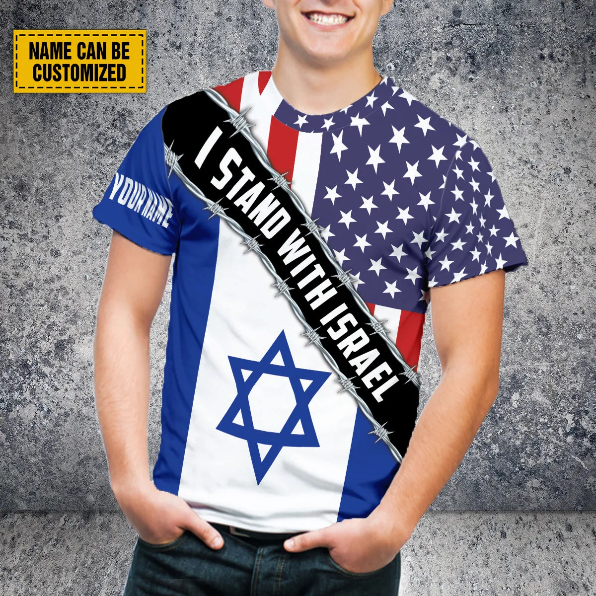 Teesdily | Stand With Israel Personalized 3D Shirt, American Israel Barbwire Shirt, Israel Support Tops, Israel Jewish All Over Print Tshirt