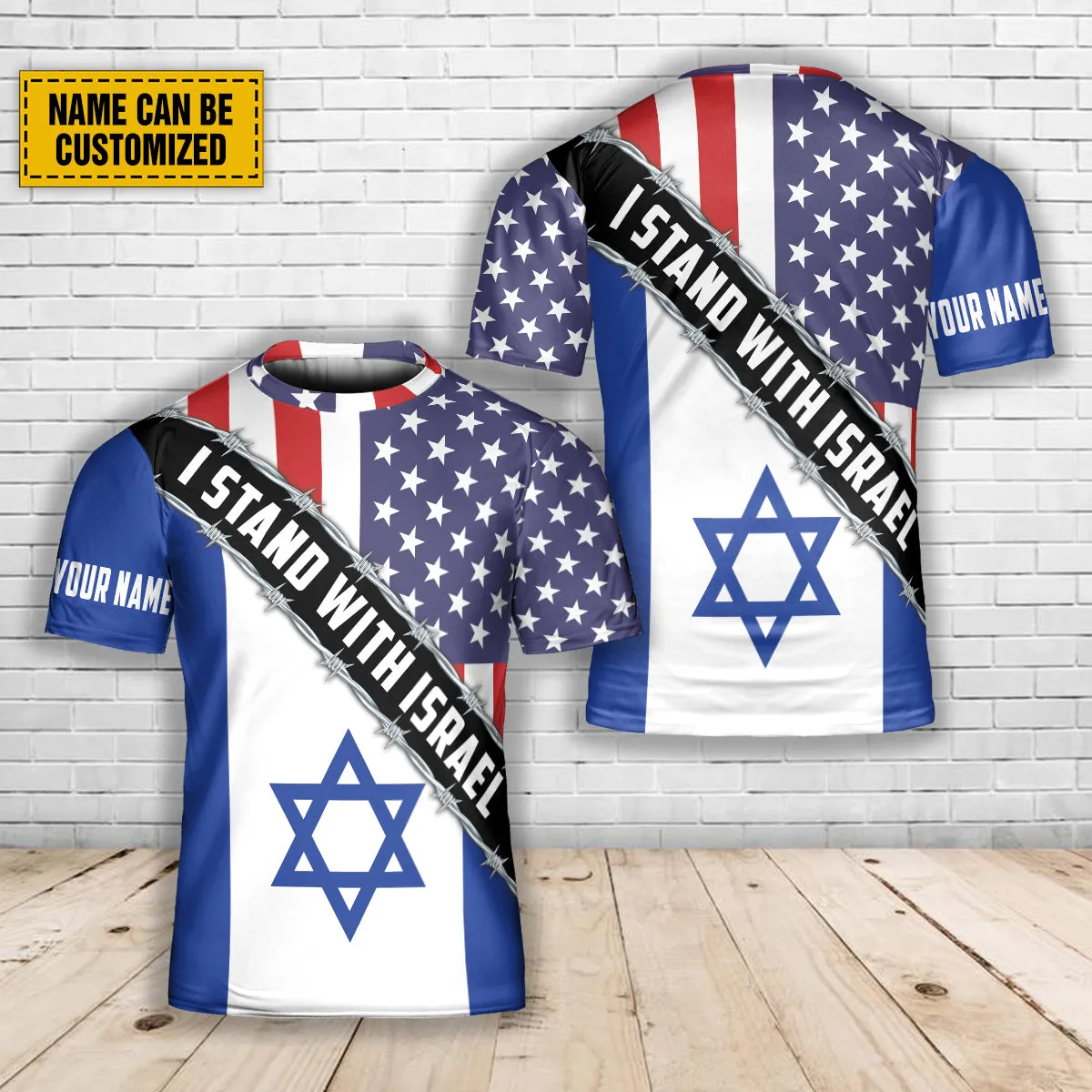 Teesdily | Stand With Israel Personalized 3D Shirt, American Israel Barbwire Shirt, Israel Support Tops, Israel Jewish All Over Print Tshirt