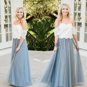 Two Piece Off Shoulder Lace Tulle Charming A-line Bridesmaid Dresses, AB4009