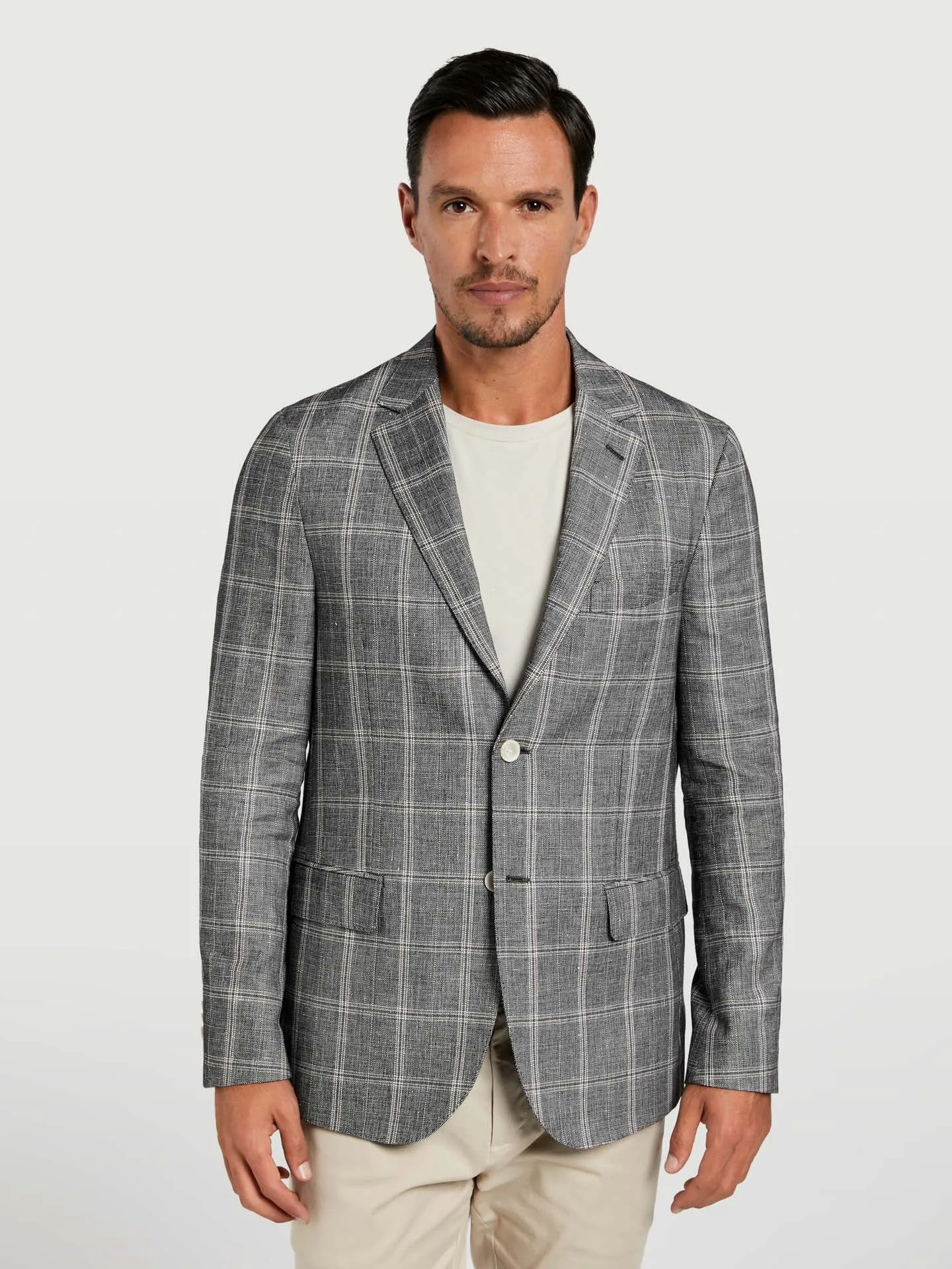 Unstructured windowpane check linen blend blazer