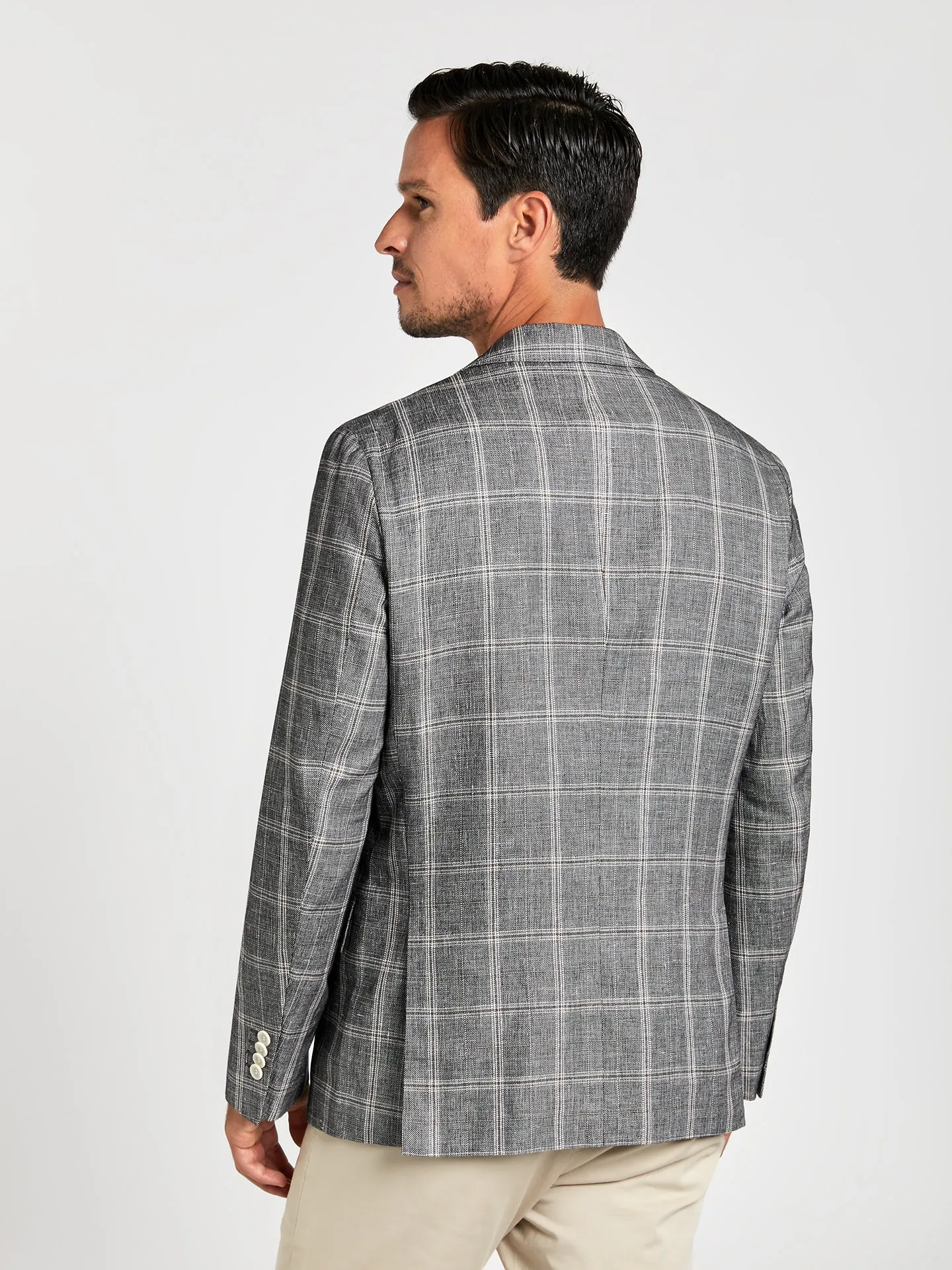 Unstructured windowpane check linen blend blazer