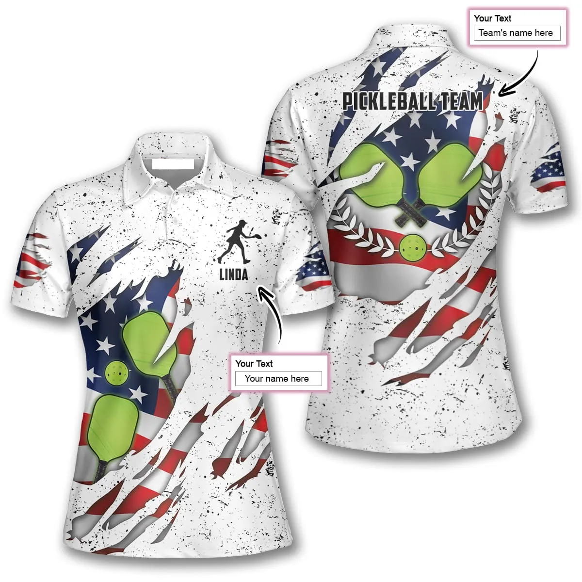 White Grunge American Flag Pickleball Polo Shirts For Women