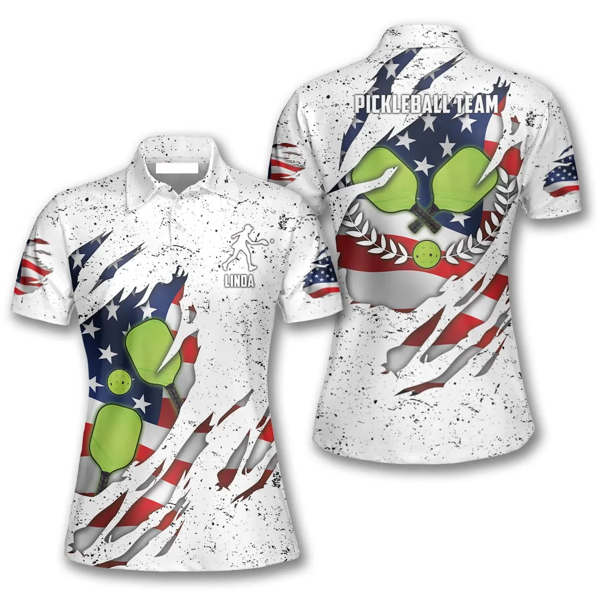 White Grunge American Flag Pickleball Polo Shirts For Women