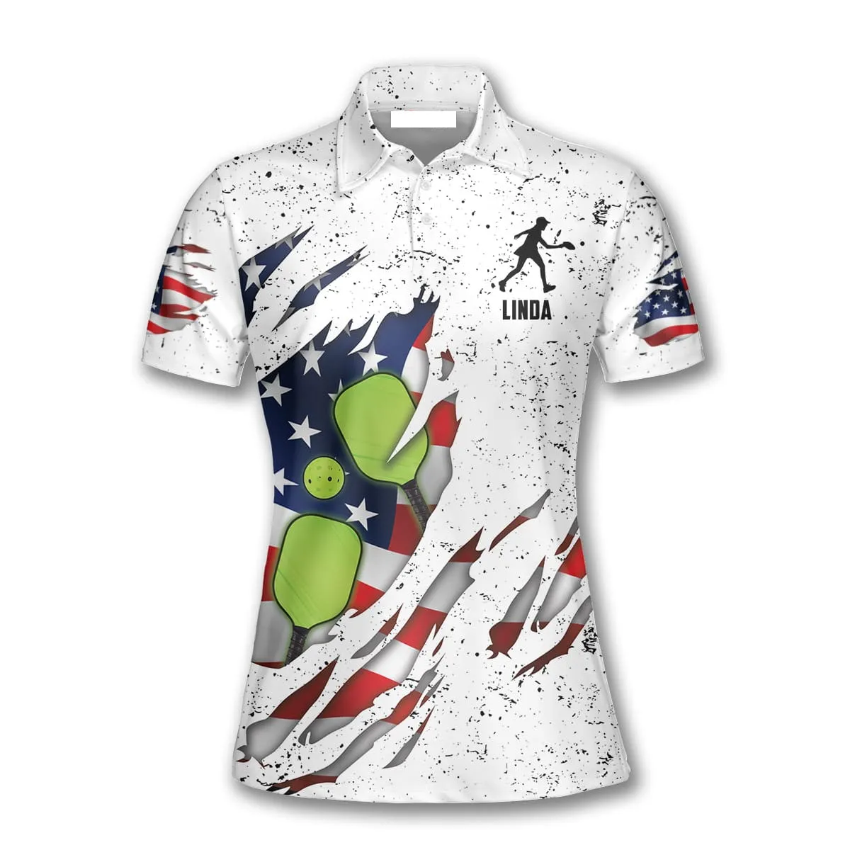 White Grunge American Flag Pickleball Polo Shirts For Women