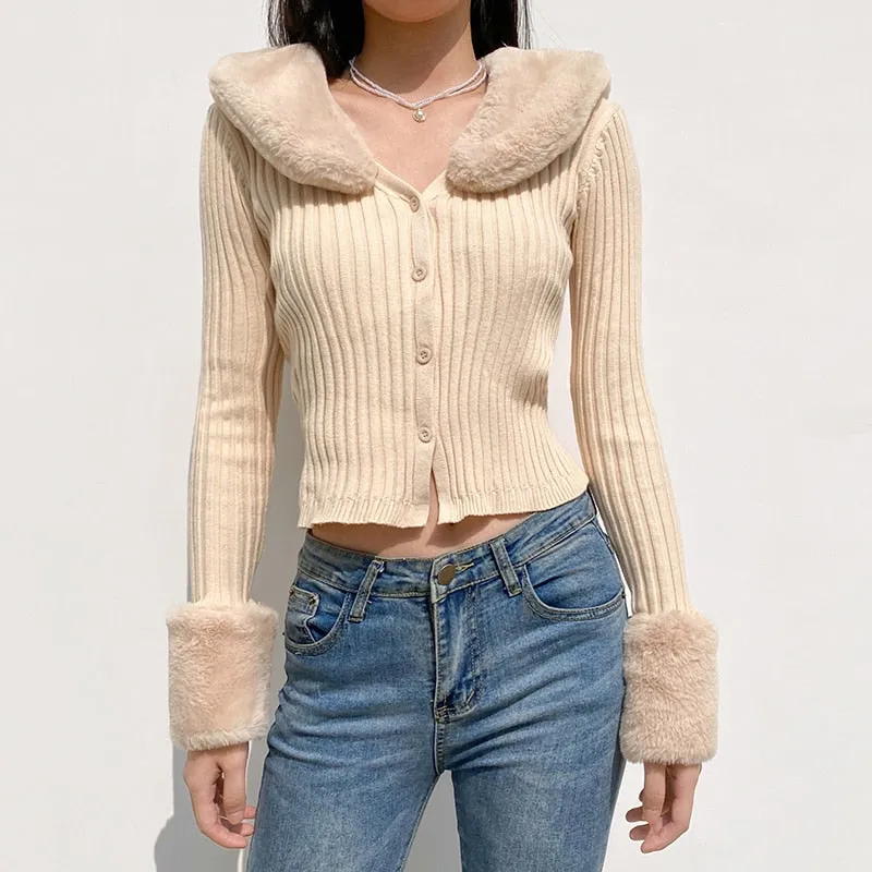 Woman Cardigan Sweaters With Fur Trim Collar Women Cropped Sweater