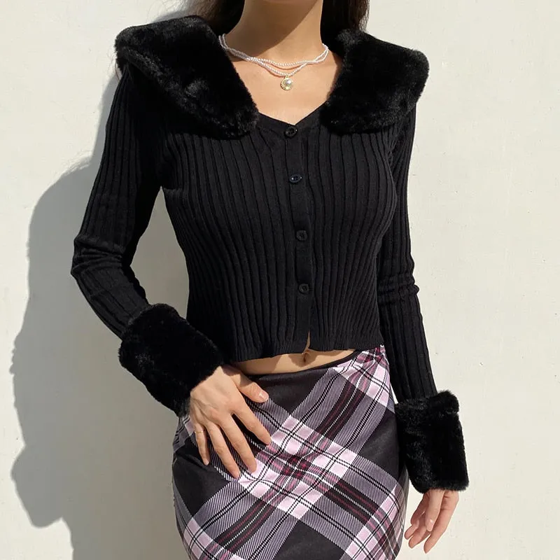 Woman Cardigan Sweaters With Fur Trim Collar Women Cropped Sweater