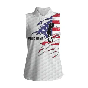 Womens sleeveless polo shirts, American flag patriot custom name white golf balls shirts