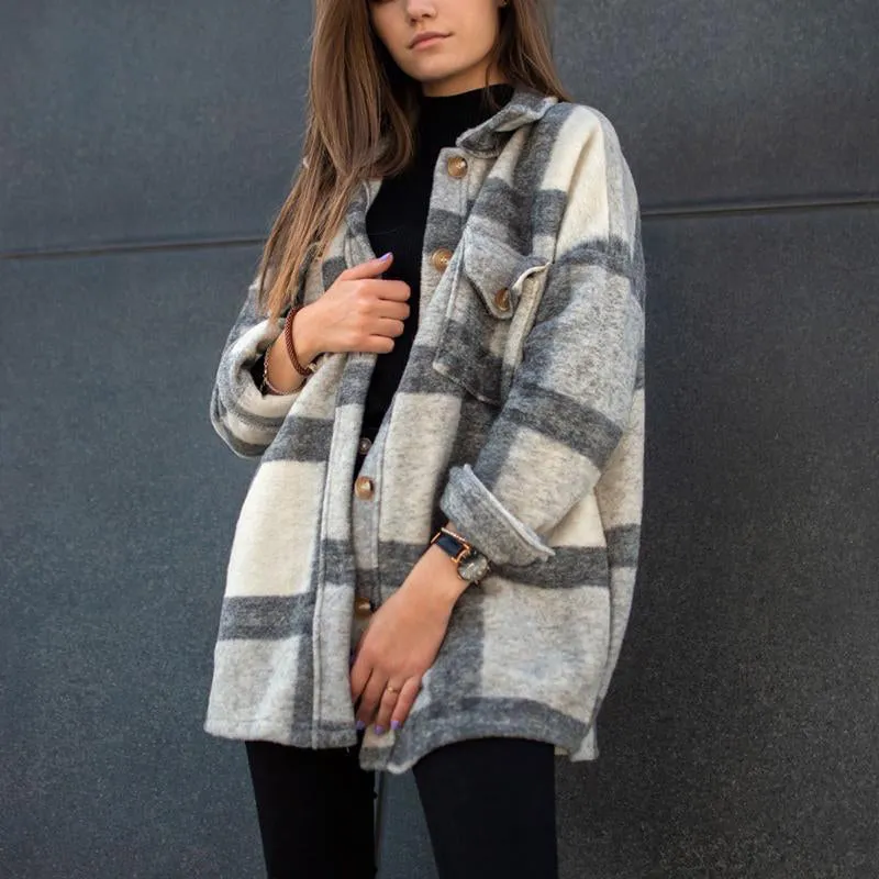 Womens Winter Loose Casual Long Sleeve Lapel Plaid Coat