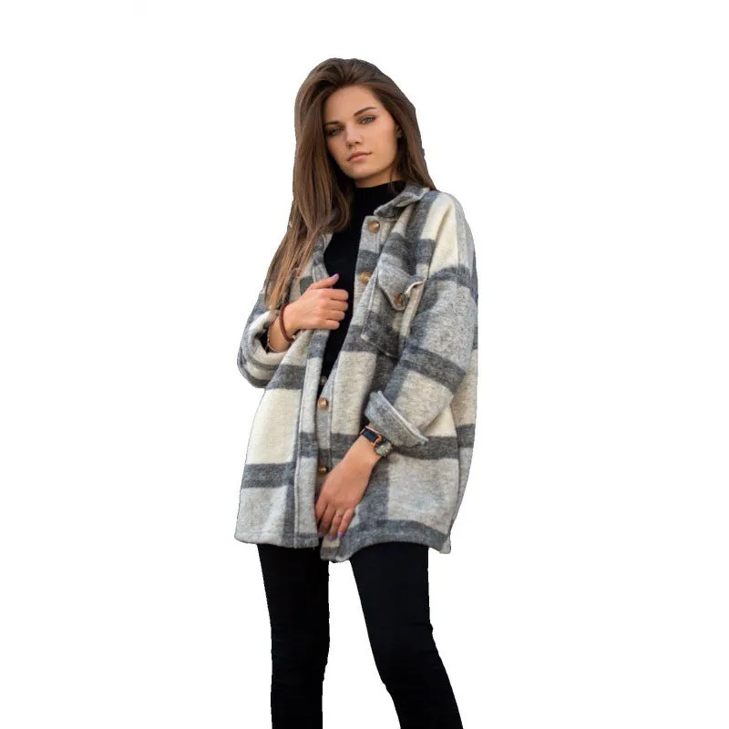 Womens Winter Loose Casual Long Sleeve Lapel Plaid Coat