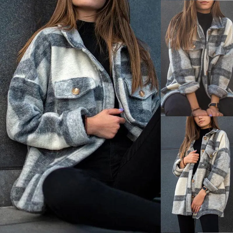 Womens Winter Loose Casual Long Sleeve Lapel Plaid Coat